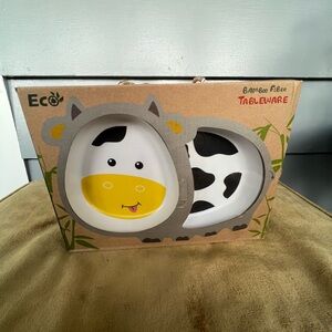 NEW Dinnerware Set Bamboo 5 Pcs with Plate Bowl Cup Fork Spoon (Cow)